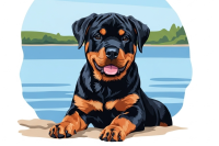 Portret psa - Szczenię rasy Rottweiler nad jeziorem