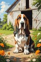 Basset hound przed stodołą