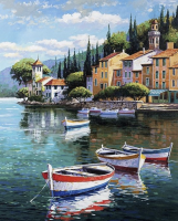 Widok nad jeziorem w stylu gobelin-tapestry