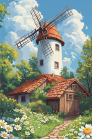 utulny krajobraz z wiatrakiem w technice gobelin-tapestry
