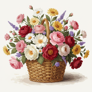 Kosz kwiatów z różami i stokrotkami